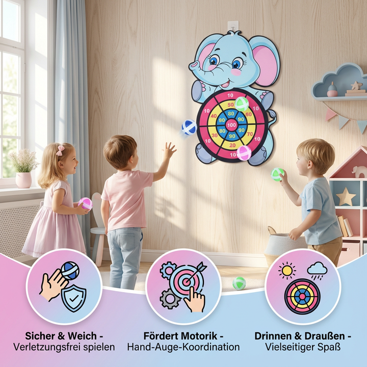 Familie spielt fröhlich zusammen das Kinder Dart Wurfspiel. Fördert Konzentration & Gemeinschaftssinn drinnen & draußen.