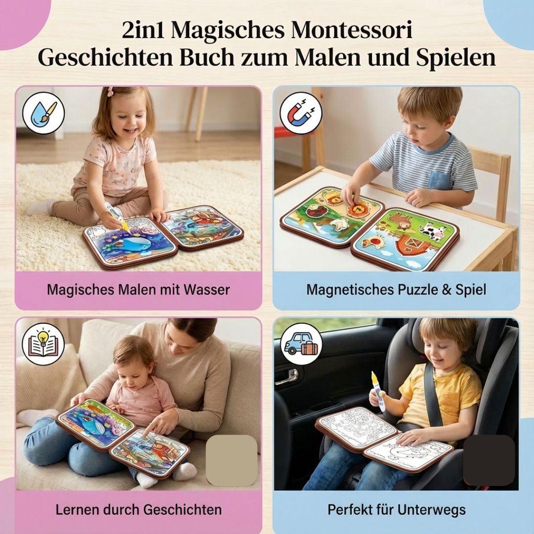 Zauberhaftes 2in1 Malbuch & Geschichtenbuch, Montessori Lernspielzeug, inspiriert Kreativität & Spielspaß bei Kindern.