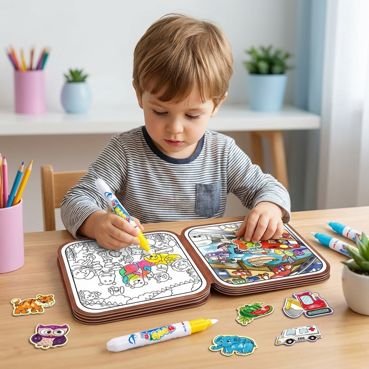 Interaktives Kinderbuch im Montessori-Stil: Mal- & Geschichtenbuch zur Sprach- & kognitiven Entwicklung von Kindern.