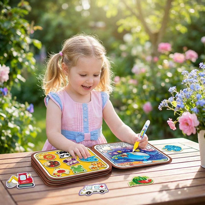 Magisches Montessori 2in1 Mal- & Geschichtenbuch für Kinder; fördert Kreativität & kindliche Entwicklung.