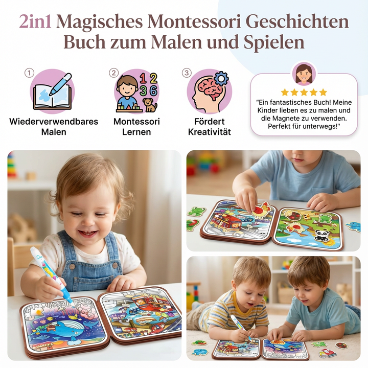 Pädagogisches Montessori Lernspielzeug: 2in1 Malbuch & Geschichtenbuch für die Vorschule, fördert Feinmotorik.