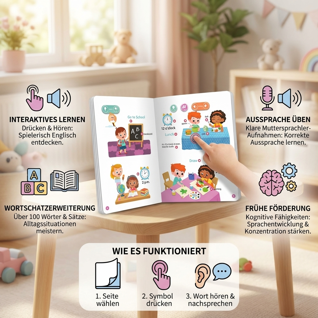 Ein Kind blättert in einem interaktiven Englisch Lernbuch und lernt spielerisch erste englische Wörter für die Vorschule.