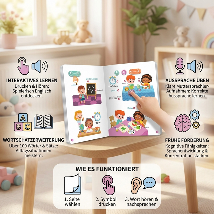 Ein Kind blättert in einem interaktiven Englisch Lernbuch und lernt spielerisch erste englische Wörter für die Vorschule.