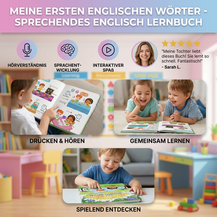 Farbenfrohes interaktives Englisch Lernbuch für Kinder, ideal zur frühkindlichen Sprachförderung & Wortschatzerweiterung.