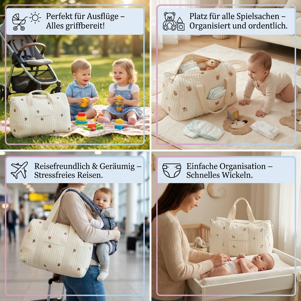 Praktische Multifunktions-Wickeltasche, nutzbar als Babytasche, Muttertasche und Reisetasche.