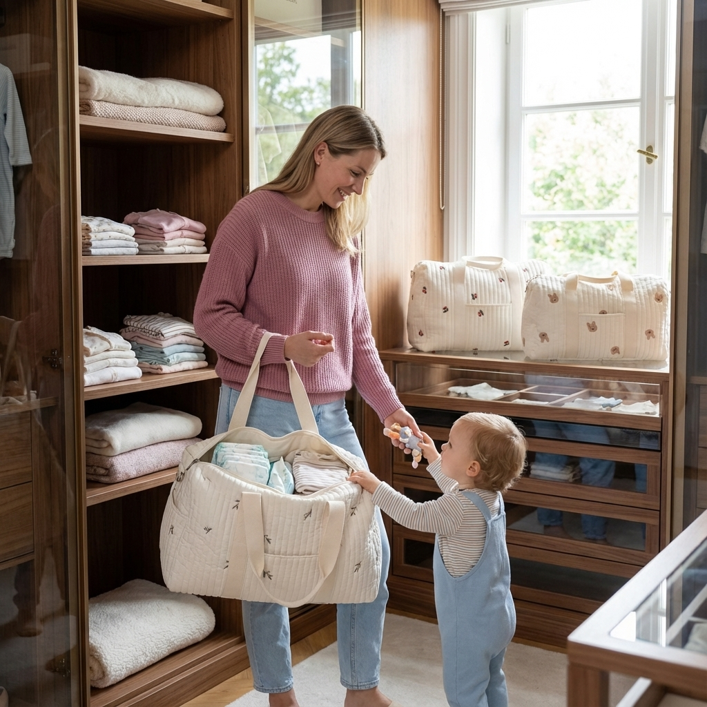 Geräumige Wickeltasche mit vielen Fächern, perfekt als Organizer und Reisetasche für Babysachen.