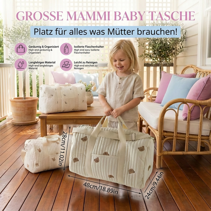 Robuste Reisewickeltasche, perfekt für Ausflüge und Reisen mit Baby, bietet viel Stauraum.