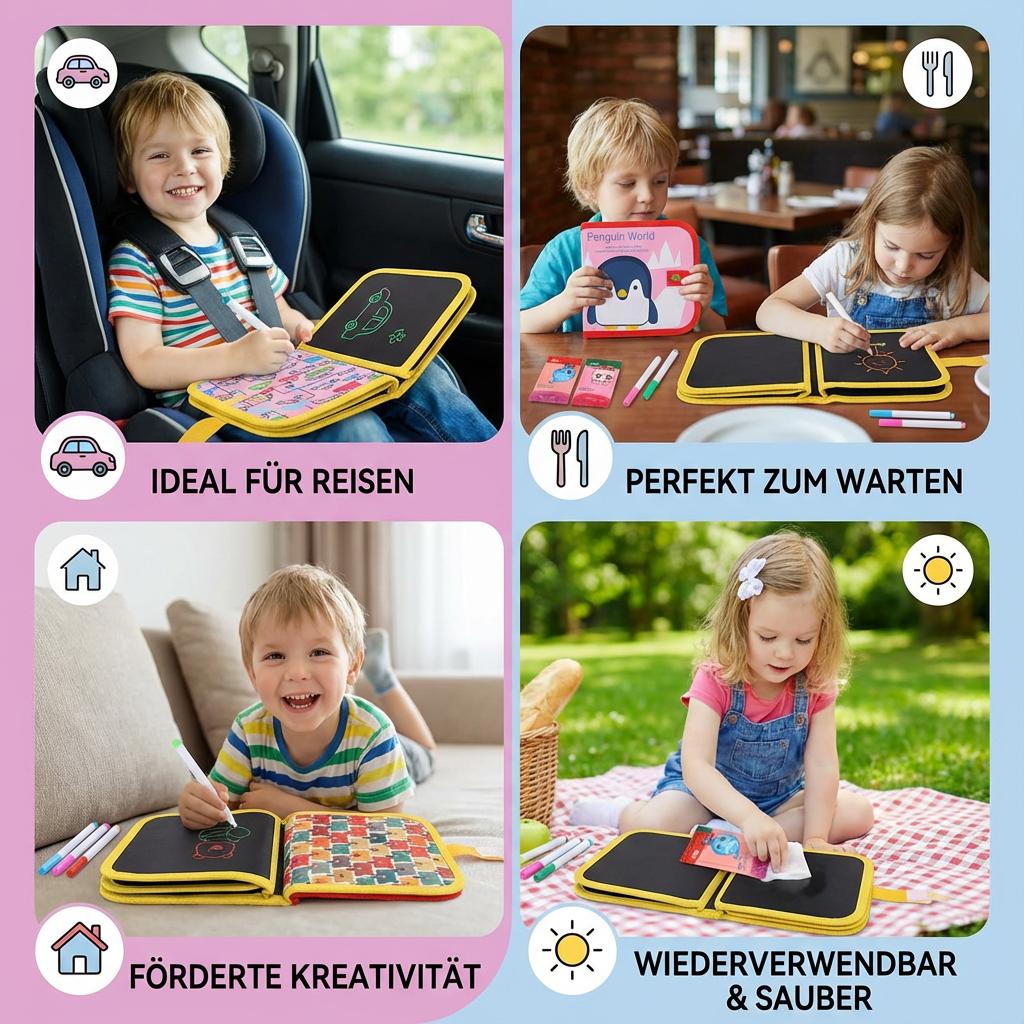 Reise-Malbuch für Kinder. Abwischbar & wiederverwendbar. Bietet stundenlangen kreativen Spielspaß.