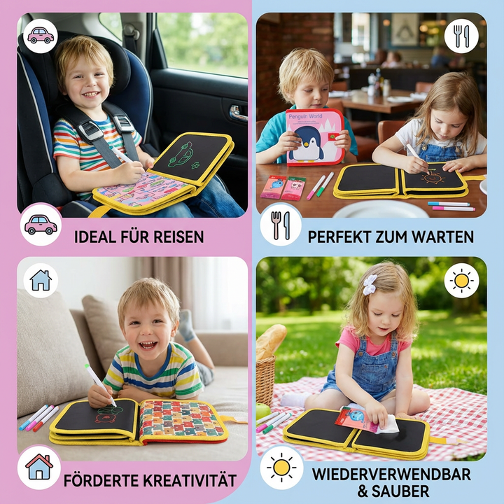Reise-Malbuch für Kinder. Abwischbar & wiederverwendbar. Bietet stundenlangen kreativen Spielspaß.