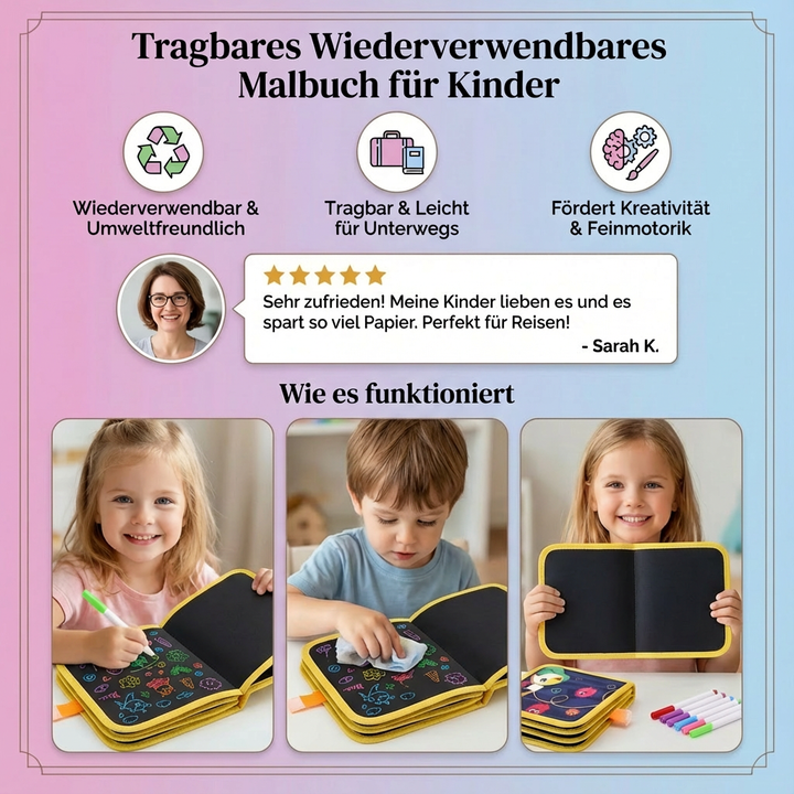 Lernspielzeug: Abwischbares Malbuch für Kinder. Fördert Kreativität auf Reisen. Perfektes Geschenk.