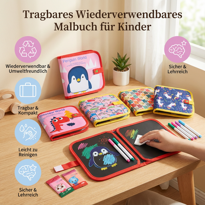 Nachhaltiges Malbuch für Kinder. Wiederverwendbar, abwischbar. Perfekt für kreative Köpfe.