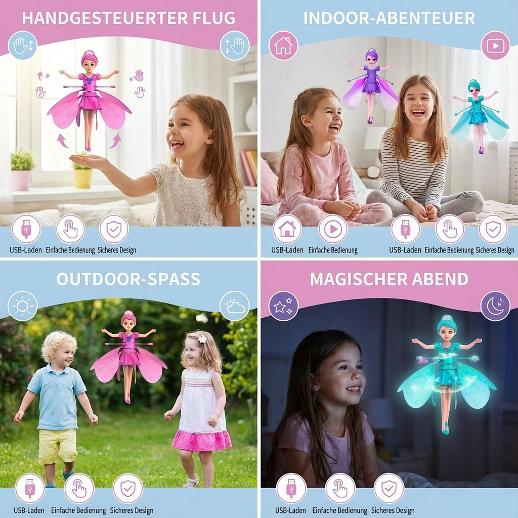 Nahaufnahme der zauberhaften schwebenden Fee, detailliertes elektrisches Kinderspielzeug mit feinen Flügeln.
