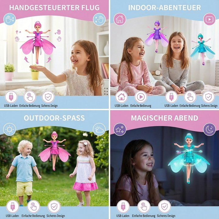 Nahaufnahme der zauberhaften schwebenden Fee, detailliertes elektrisches Kinderspielzeug mit feinen Flügeln.