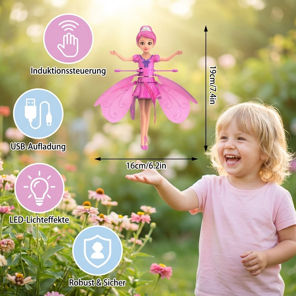Schwebende Zauberfee im Flug, dynamisches elektrisches Kinderspielzeug mit magischen LED-Lichtern für Mädchen.