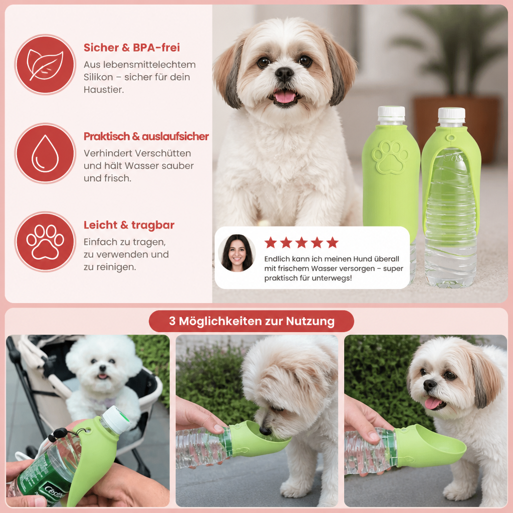 Hund trinkt aus Silikon Trinkaufsatz an Flasche. Perfektes Reisezubehör für Tiergesundheit unterwegs.