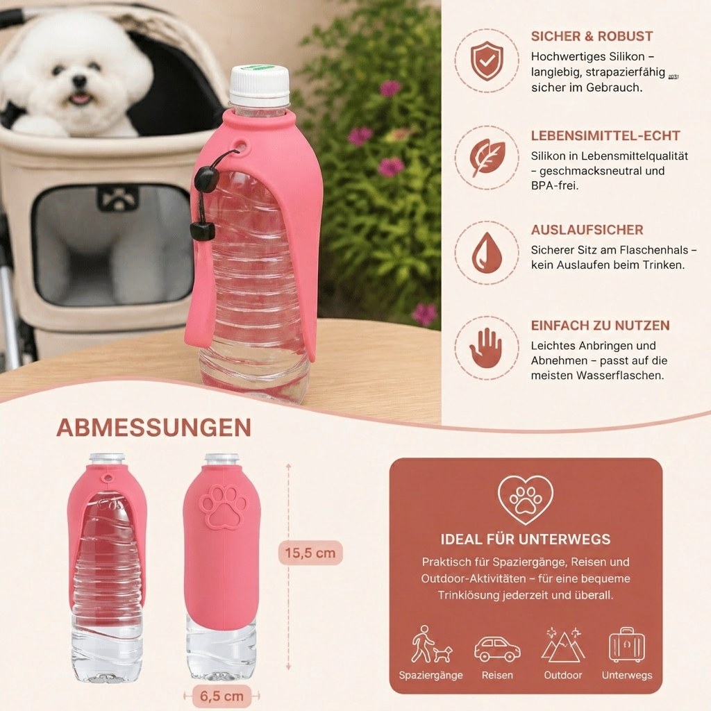 Halter reicht Hund Wasser mit Silikon Trinkaufsatz. Hygienischer Tierbedarf für Spaziergänge & Reisen.
