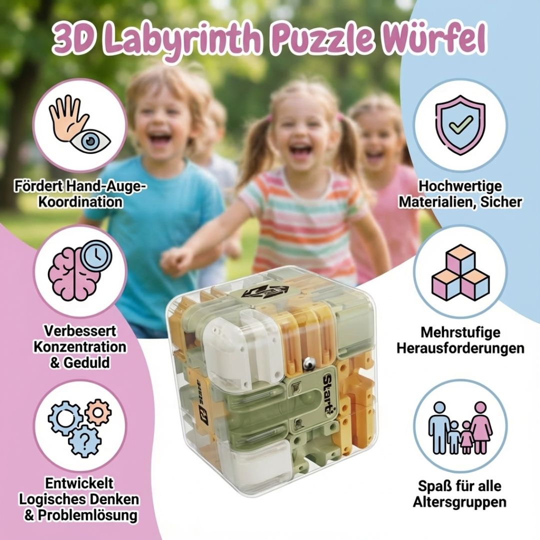 Detailaufnahme eines komplexen 3D Labyrinth Würfels, ein Logik-Geduldsspiel für stundenlangen Knobelspaß.