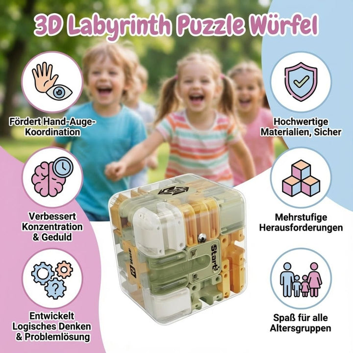 Detailaufnahme eines komplexen 3D Labyrinth Würfels, ein Logik-Geduldsspiel für stundenlangen Knobelspaß.