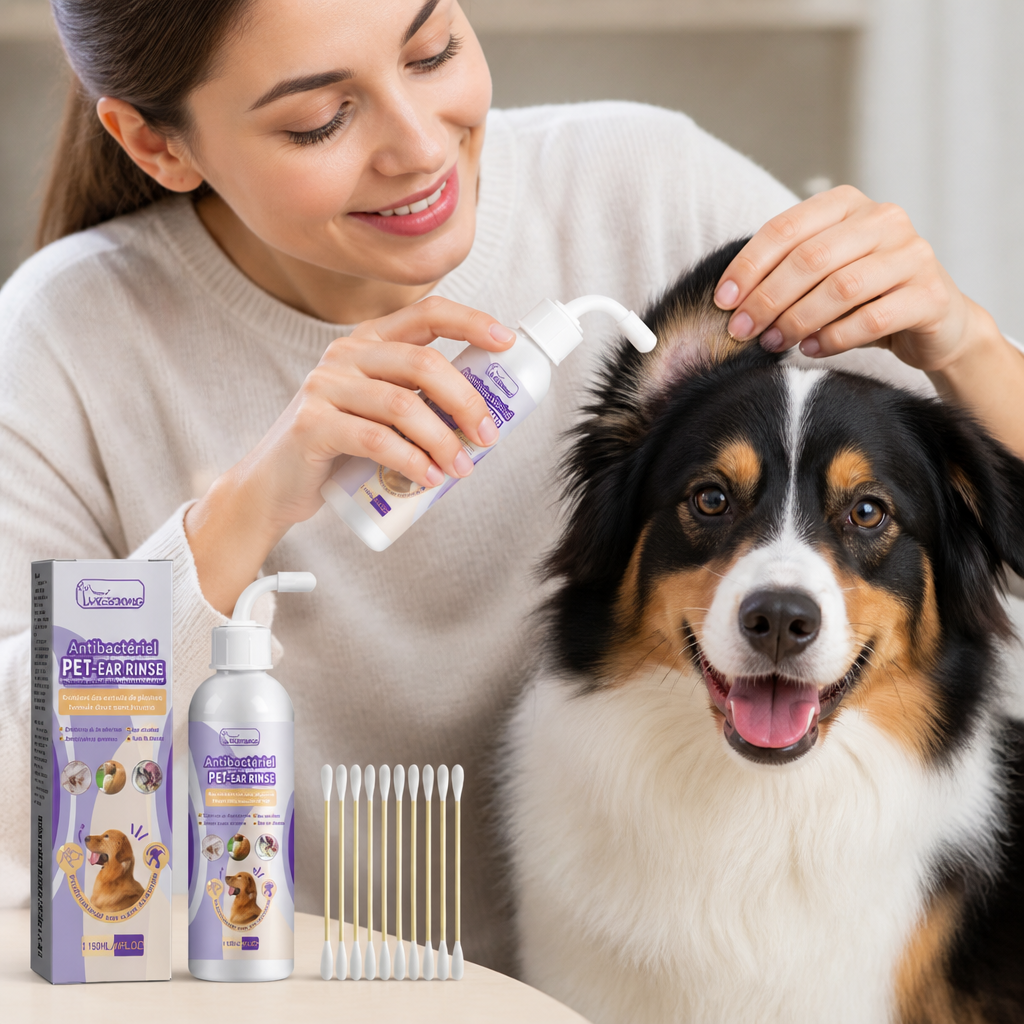 Sanfter, geruchsneutraler Ohrenreiniger für Hunde & Katzen, Flasche mit Dosierspitze zur Tierpflege.