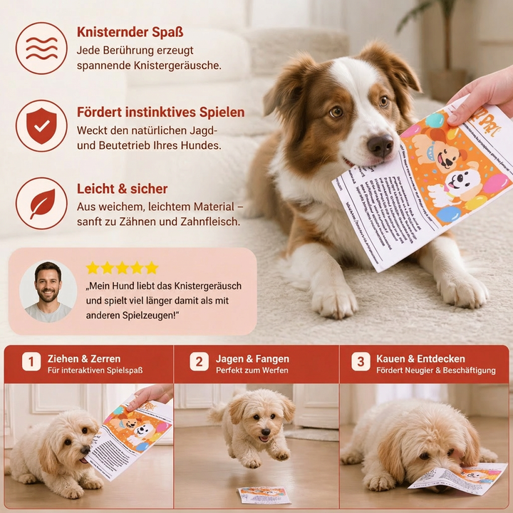 Originelles Hundespielzeug in Zeitungsform, robust und interaktiv, ideal gegen Langeweile bei Hunden.
