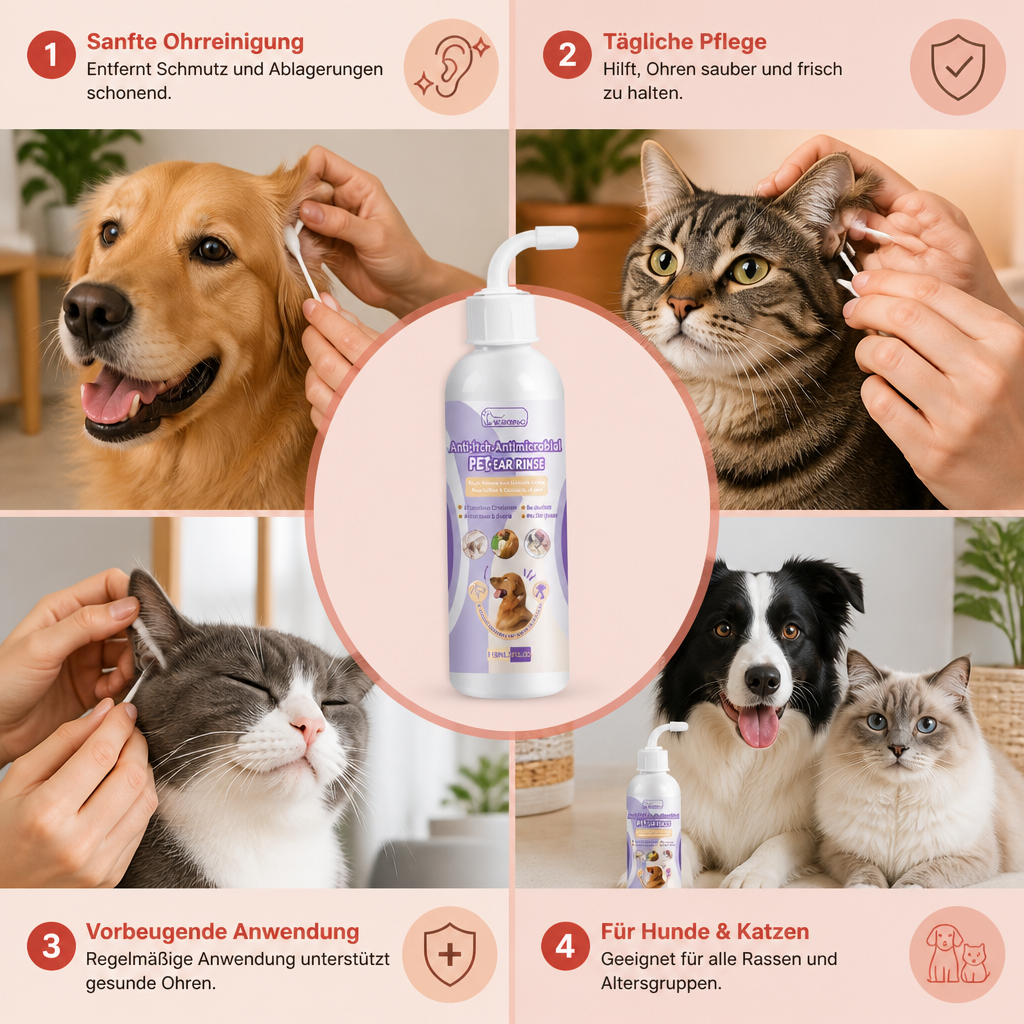 Flasche des geruchsneutralen Ohrenreinigers für Hunde & Katzen, daneben ein zufriedenes Haustier.