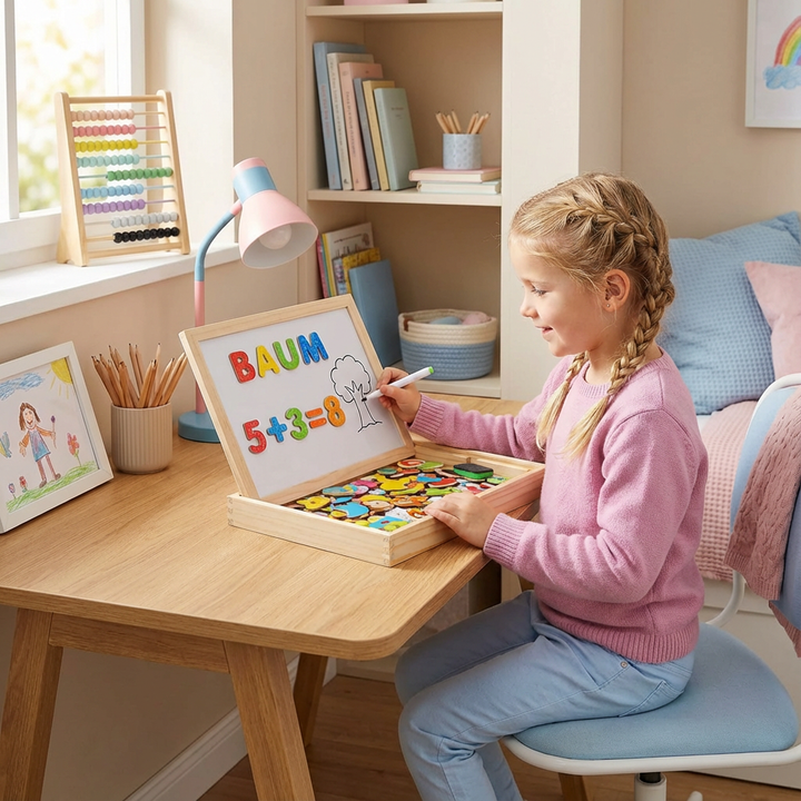 Montessori 2-in-1 Zeichentafel aus Holz für Kinder, Kreidetafel & Whiteboard, fördert Kreativität.