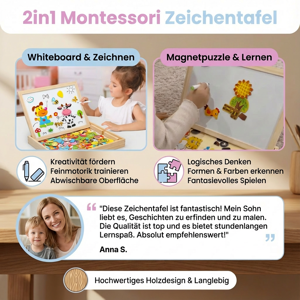 Doppelseitige Kinder Maltafel aus Holz im Montessori-Stil, ideal zum Malen und Lernen.