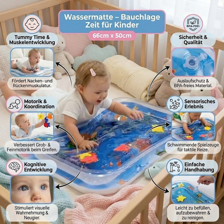 Sensorische Baby Wasserspielmatte stärkt Bauchmuskeln & unterstützt Sinnesentwicklung. Perfektes Babyspielzeug für Bauchlage.