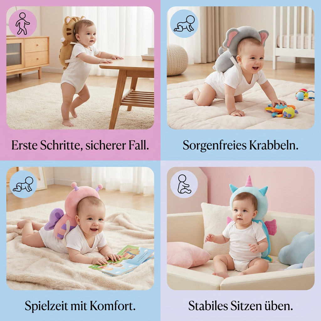 Babyausstattung: Plüsch Baby Kopfschutz, schützt zuverlässig beim Krabbeln und den ersten Schritten.
