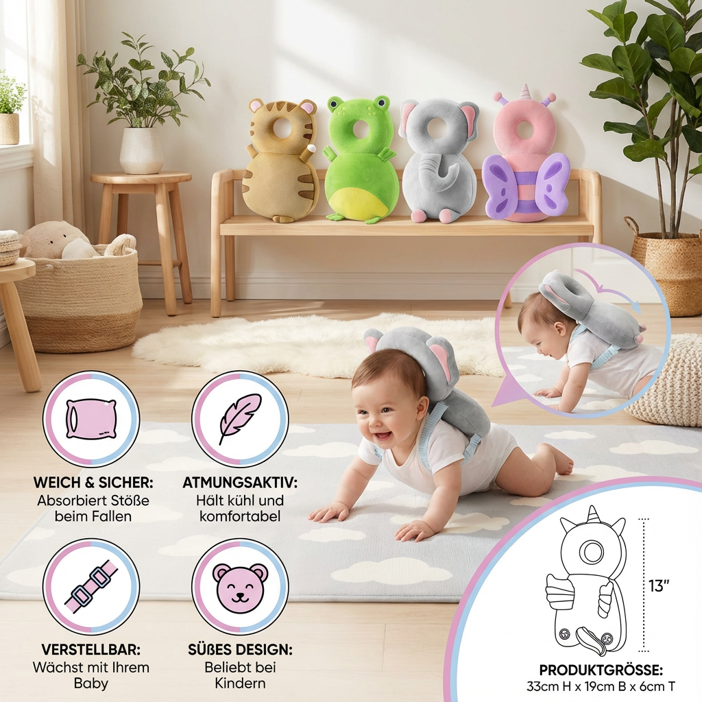 Weicher Plüsch Baby Kopfschutz, Komfort & Sicherheit für aktive Babys beim Krabbeln und Entdecken.