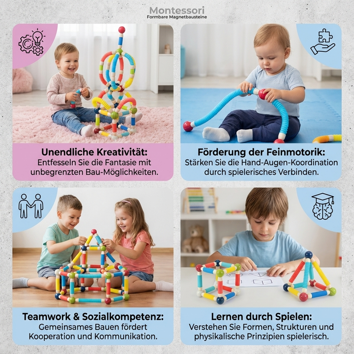 Set bunter Magnetbausteine, pädagogisches Bauspielzeug für kreative Konstruktionen.