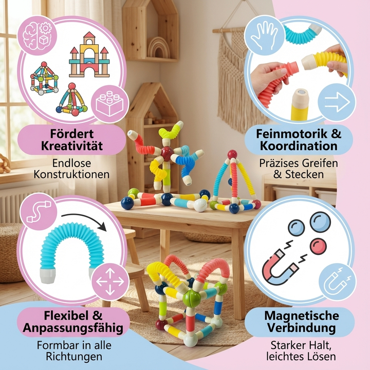Kinder bauen mit Montessori Magnetbausteinen, fördert Motorik und logisches Denken.