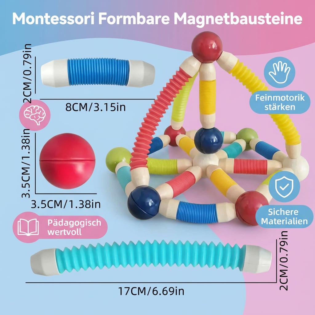 Detailaufnahme: Kind spielt mit Montessori Magnetbausteinen, formt geometrische Figuren.