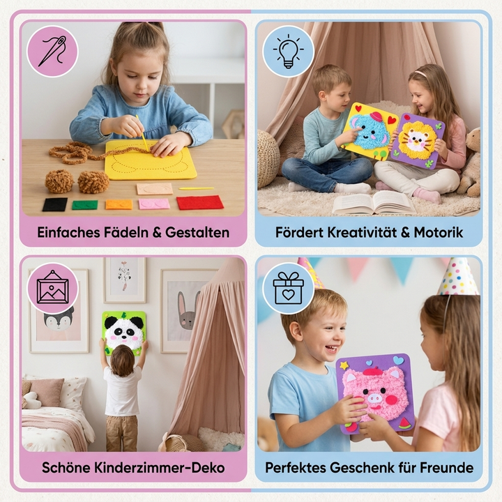 Fertige Tierpuppen: Fuchs, Hase, Bär aus dem Stickpuppen Bastelset. Tolles Kindergeschenk.