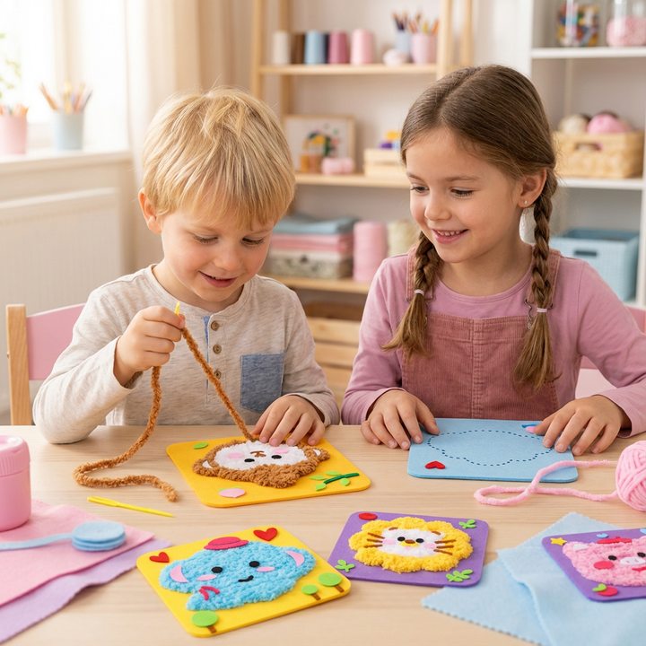 Kind bastelt eine fröhliche Stickpuppe, zeigt Kreativspielzeug & DIY-Spaß für Kinder.