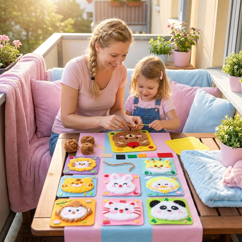 Kreatives Stickpuppen Bastelset für Kinder: DIY Tierfiguren, fördert Feinmotorik & Handarbeit.