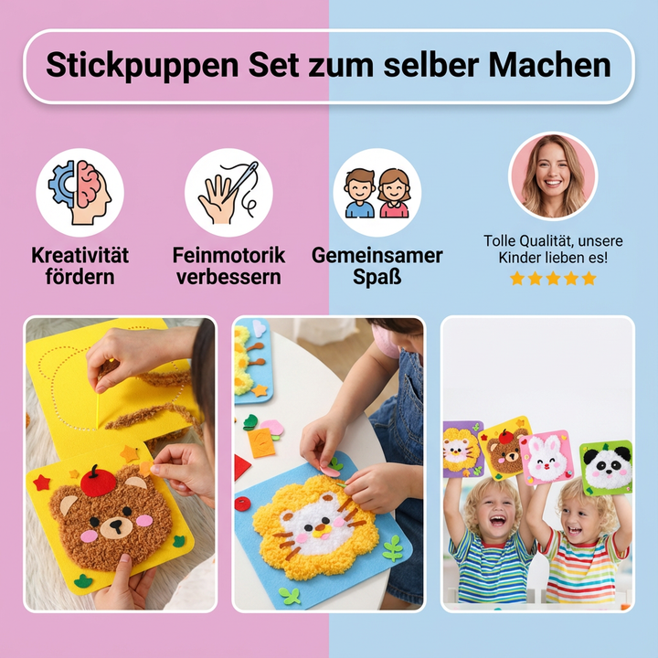 Nahaufnahme des Bastelsets mit bunten Filzteilen & Garn für DIY Tierpuppen, Lernspielzeug.