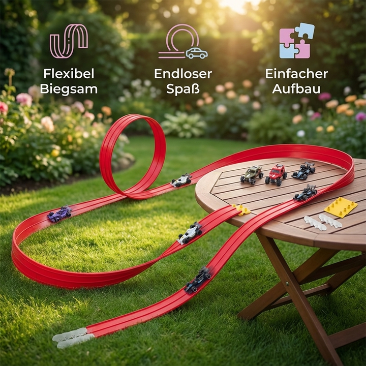 Leuchtende Rennstrecke mit Spielzeugautos für Kinder, flexibel anpassbar, bietet stundenlangen Spielspaß.
