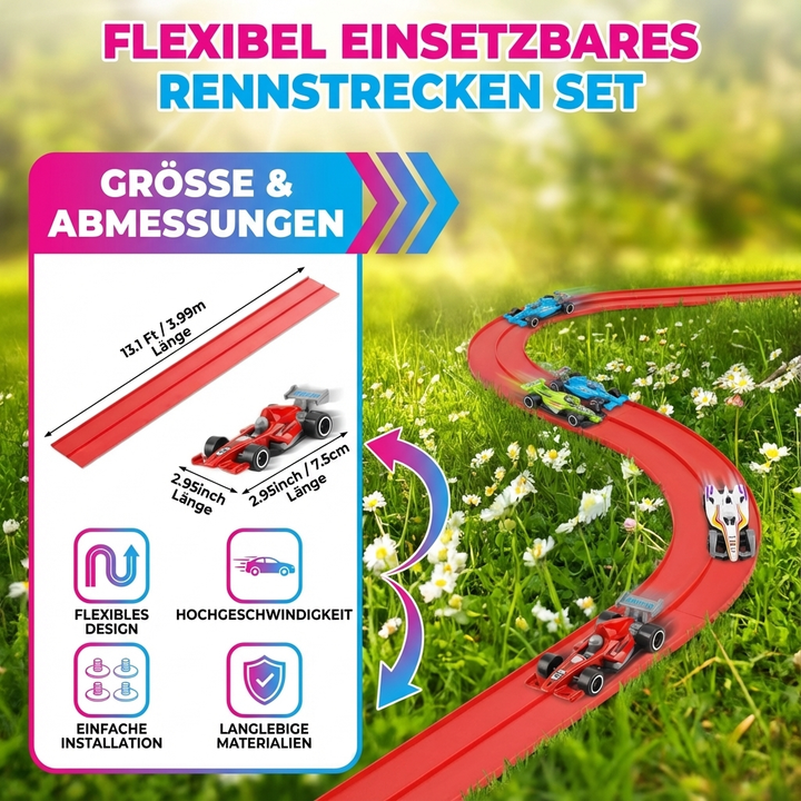 Detailansicht: Leuchtendes Spielzeugauto auf flexibler Kinderrennstrecke, ideal für Rollenspiele & Bauprojekte.