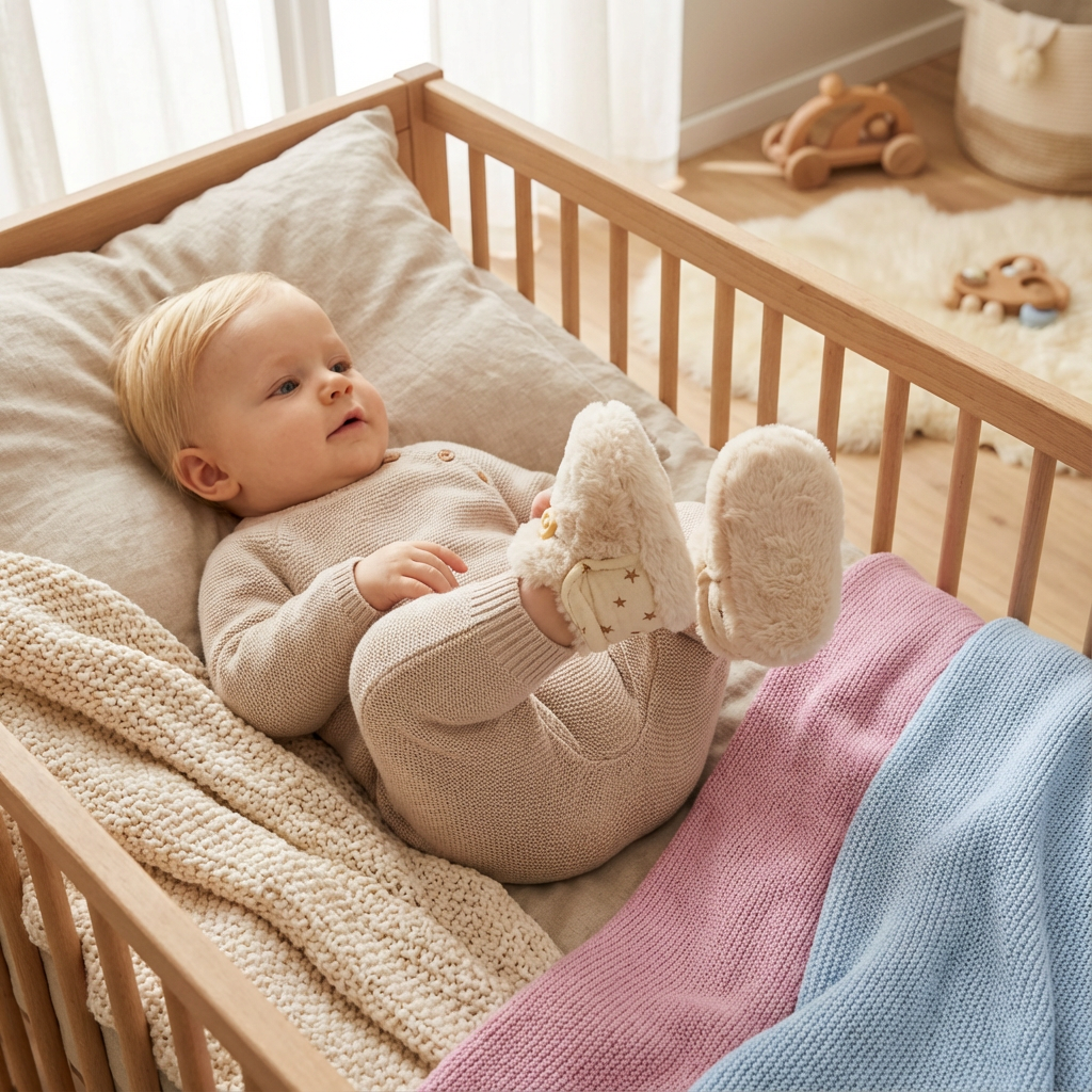 Komfortable Baby Sockenschuhe in flauschigem Design. Rutschfeste Sohle für sicheres Krabbeln und erste Schritte.