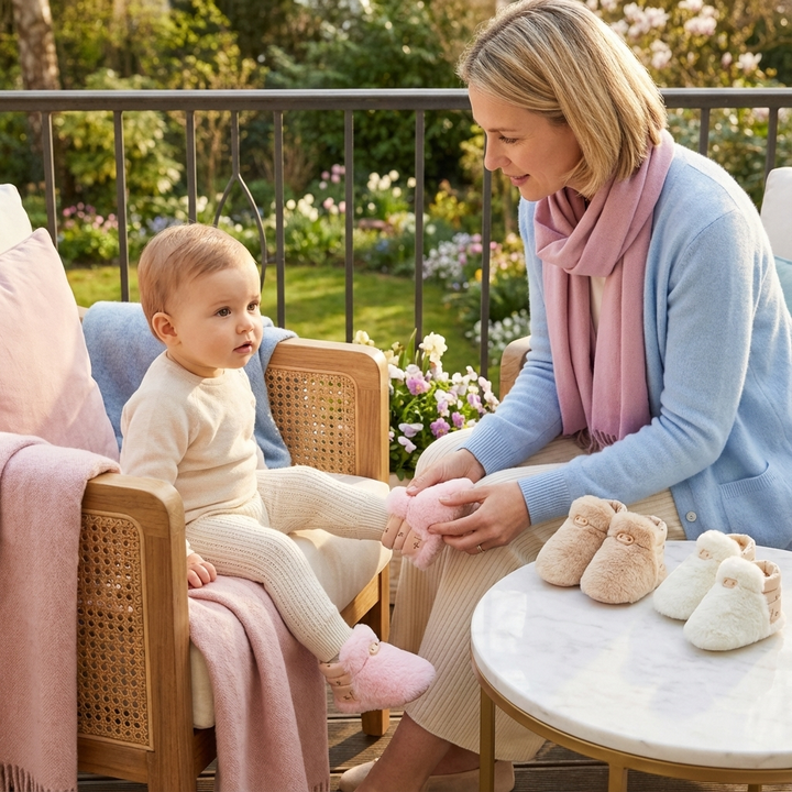 Flauschige Baby Sockenschuhe für warme, komfortable kleine Füße. Ideal als rutschfeste Krabbelschuhe.