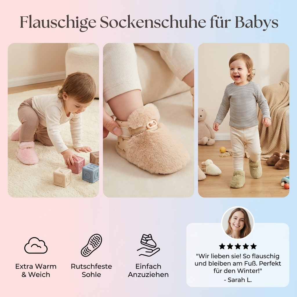 Weiche Baby Sockenschuhe, kuschelig warm und rutschfest. Perfekte Erstlingsschuhe oder Hausschuhe für Babys.
