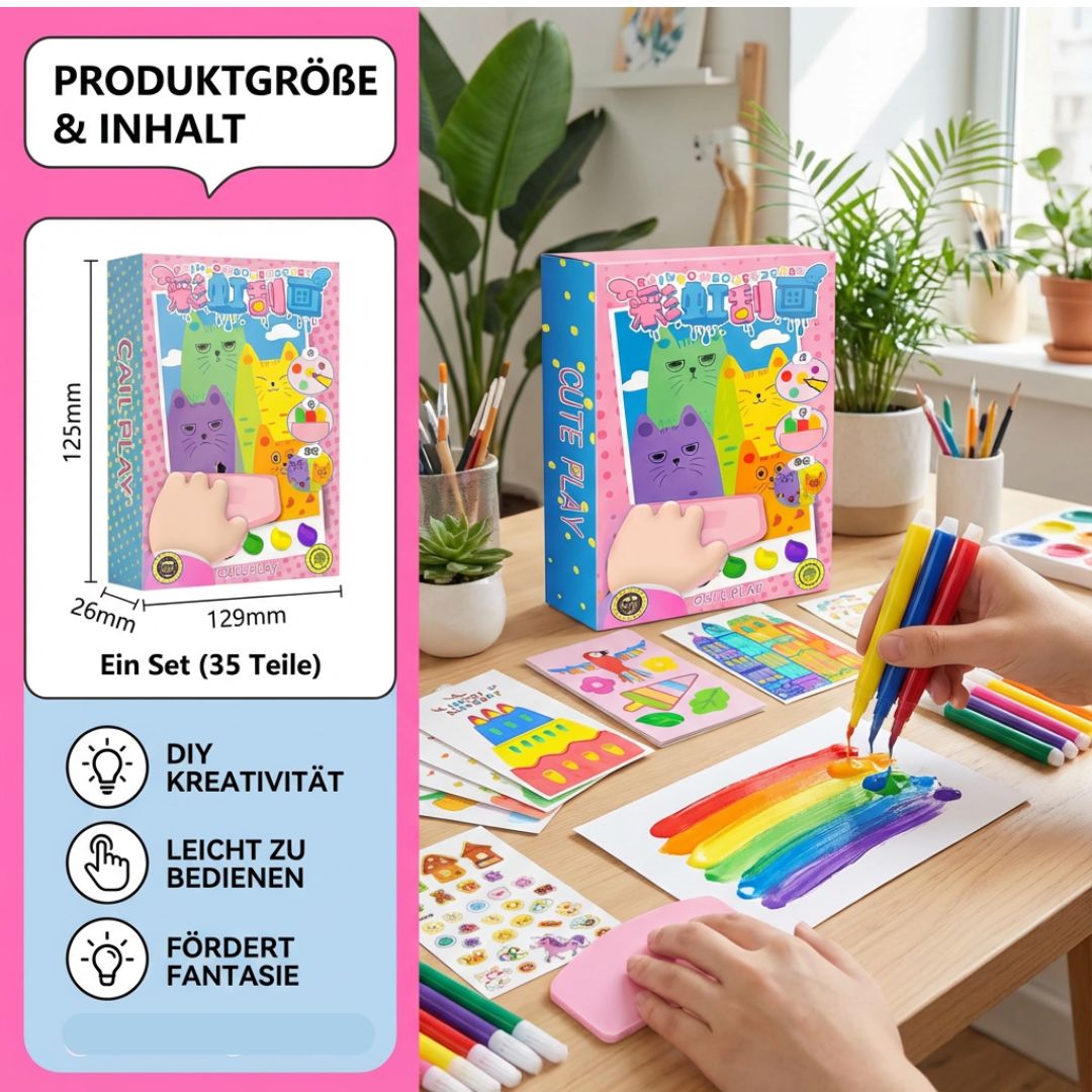 Buntes Regenbogen Schmierkunst Set mit Stiften für kreative Kinder. Lernspielzeug für Feinmotorik.