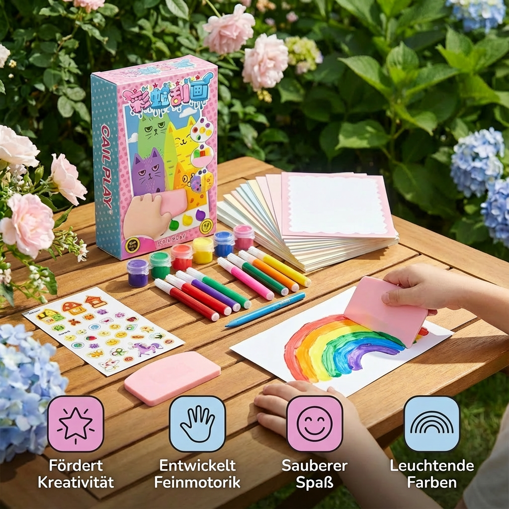 Kinder basteln mit Schmierkunst Set: Regenbogenbilder freilegen. Förderung von Kreativität & Konzentration.