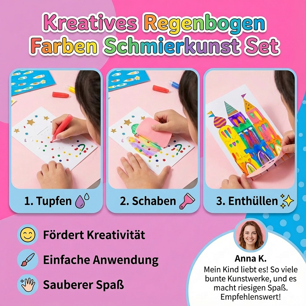 Kinder Schmierkunst Set mit Regenbogenfarben. Kreatives Malspielzeug für farbenfrohe Kunstwerke.