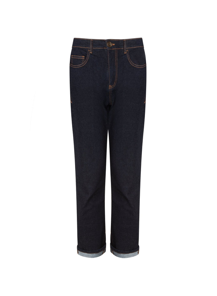 Dunkelblaue Damen Boyfriend Jeans mit lässigem Schnitt und bequemer Passform für modernen Freizeit-Look.
