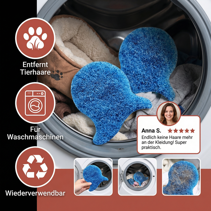 Zwei Tierhaarfänger in der Waschmaschine im Einsatz, sammeln Fussel und Haare. Ideal für Tierbesitzer. Saubere Wäsche garantiert.