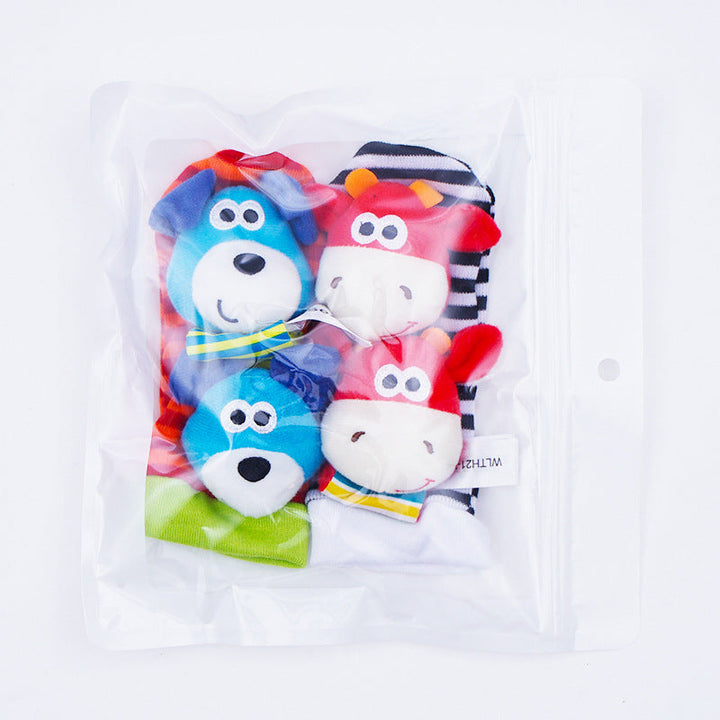 Fröhliches Fühlspielzeug für Babys: Sensorische Socken & Armbänder mit bunten Tiermotiven & Rasseln.