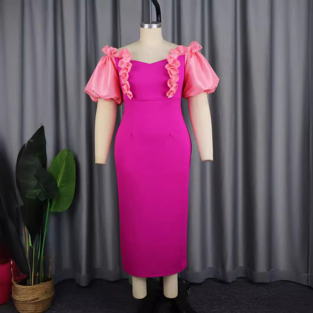 Elegantes pinkes schulterfreies Rüschenkleid für Damen, langes Abendkleid für Partys und Sommerfeste.