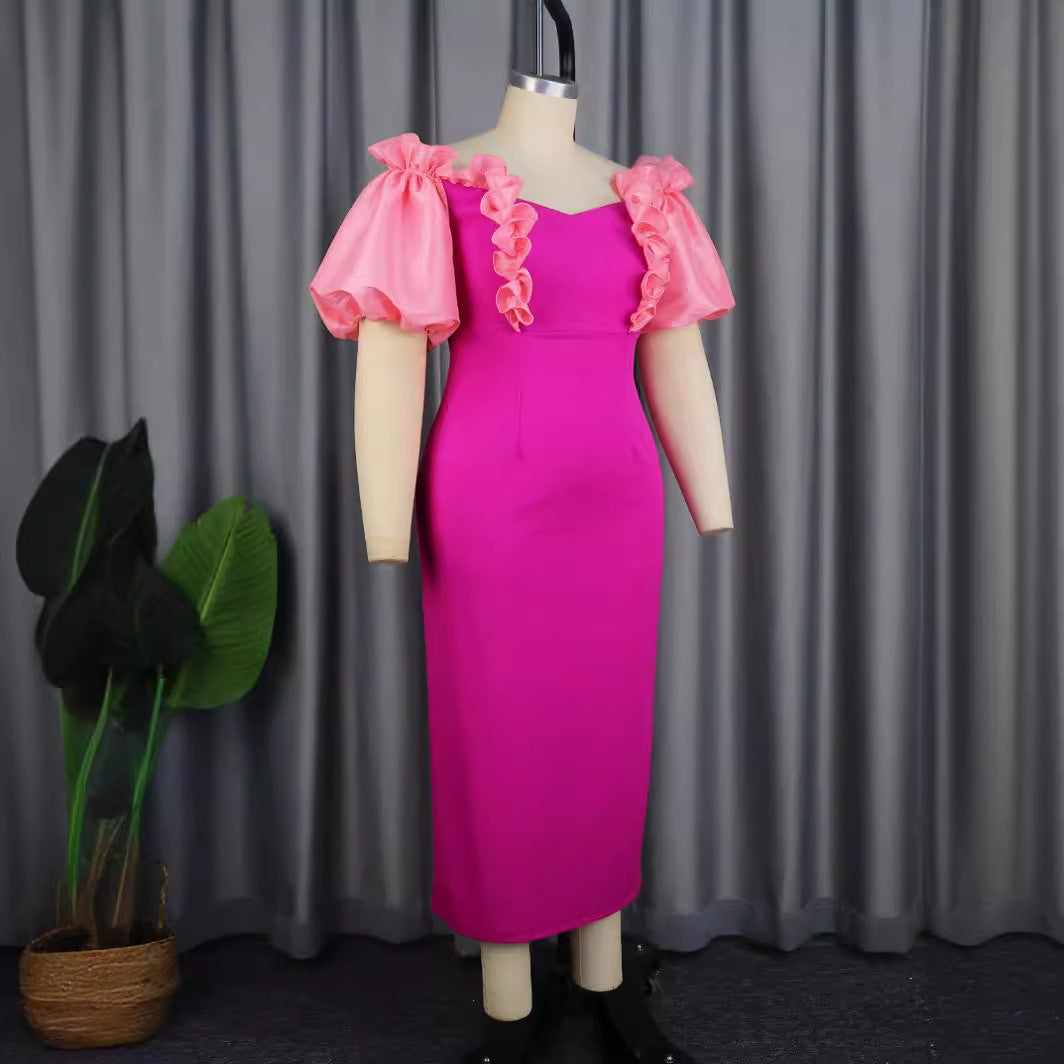 Magenta schulterfreies Damen Abendkleid, fließend & elegant, perfekt als Sommer- oder Partykleid.